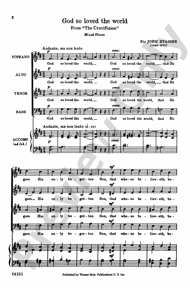 God So Loved The World Satb A Cappella Ad Lib Choral Octavo Sir John Stainer Digital Sheet 6104