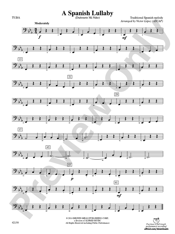A Spanish Lullaby Tuba Tuba Part Digital Sheet Music Download