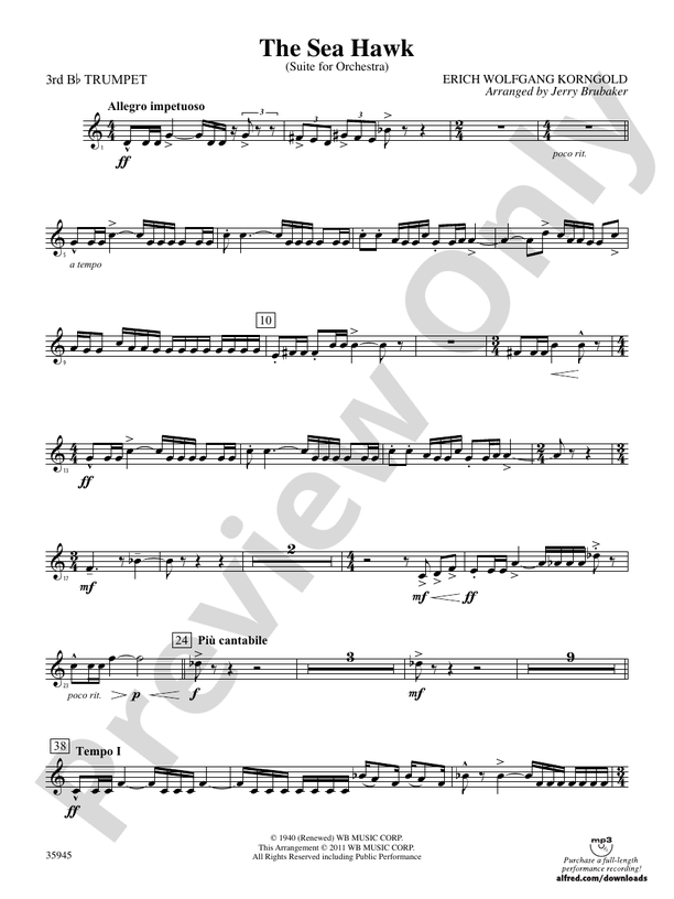The Sea Hawk: 3rd B-flat Trumpet: 3rd B-flat Trumpet Part - Digital Sheet Music Download