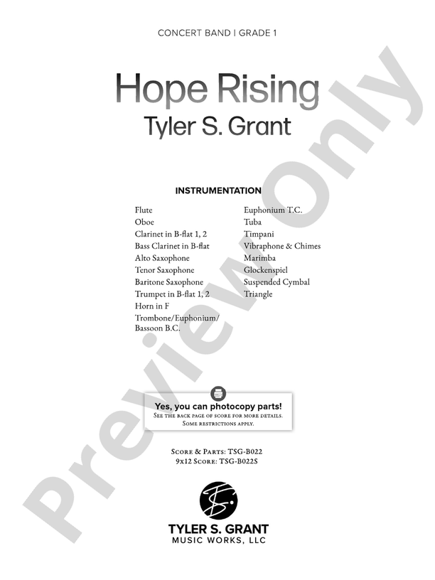 Hope Rising Concert Band Conductor Score & Parts Tyler S. Grant