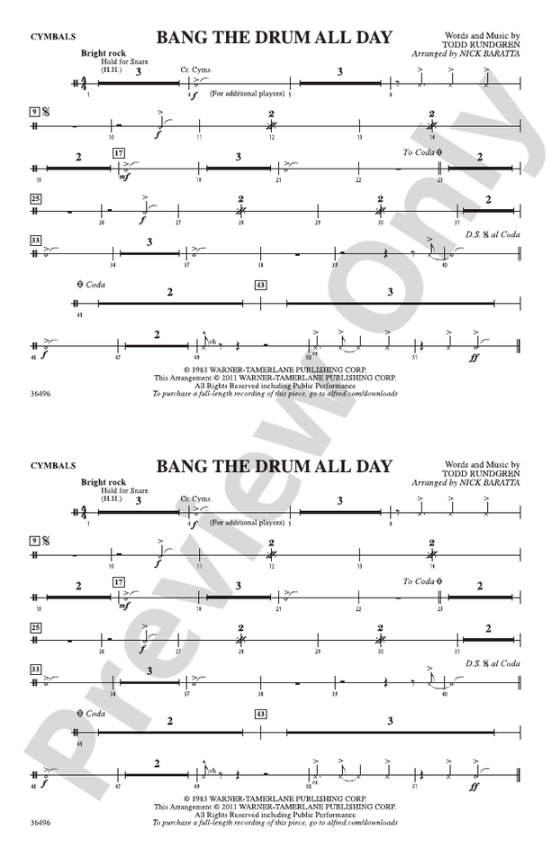 Bang The Drum All Day Cymbals Cymbals Part Digital Sheet Music Download