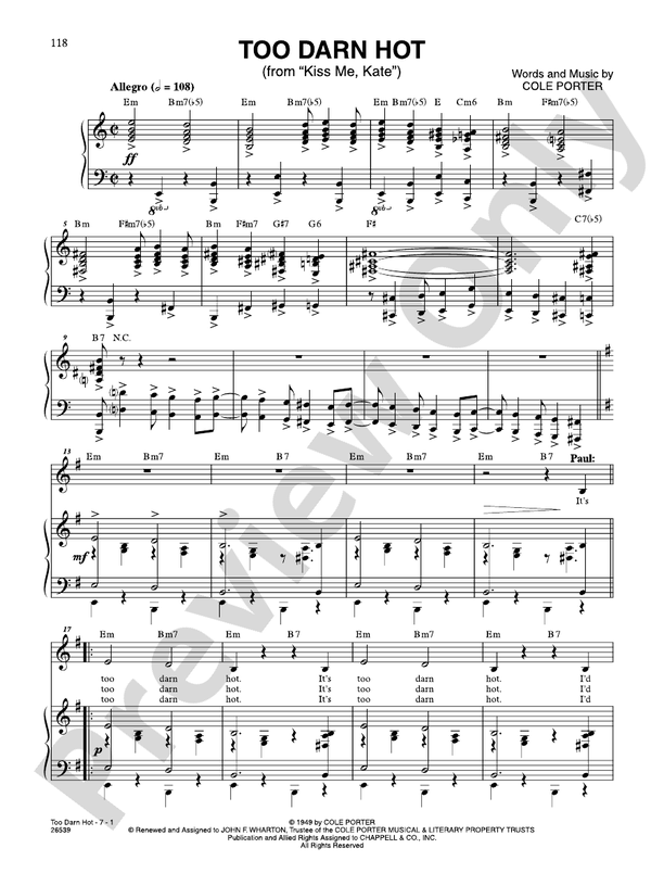 Too Darn Hot From Kiss Me Kate Voice Cole Porter Digital Sheet Music Download 6909