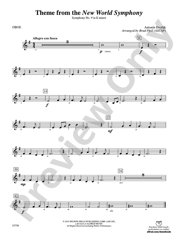 New World Symphony, Theme from the Oboe Oboe Part Digital Sheet