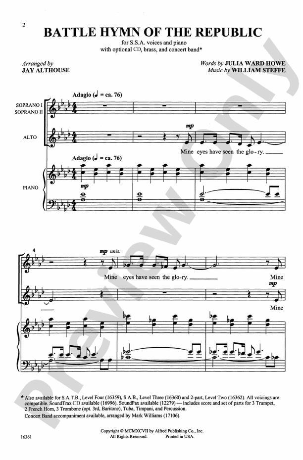 Battle Hymn of the Republic SSA Choral Octavo Digital Sheet Music Download