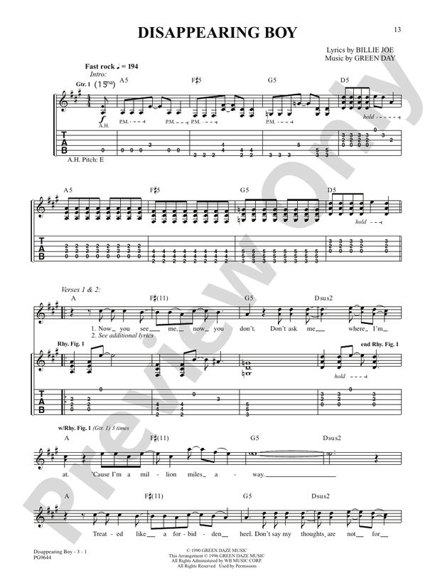 Disappearing Boy: Guitar: Green Day - Digital Sheet Music Download