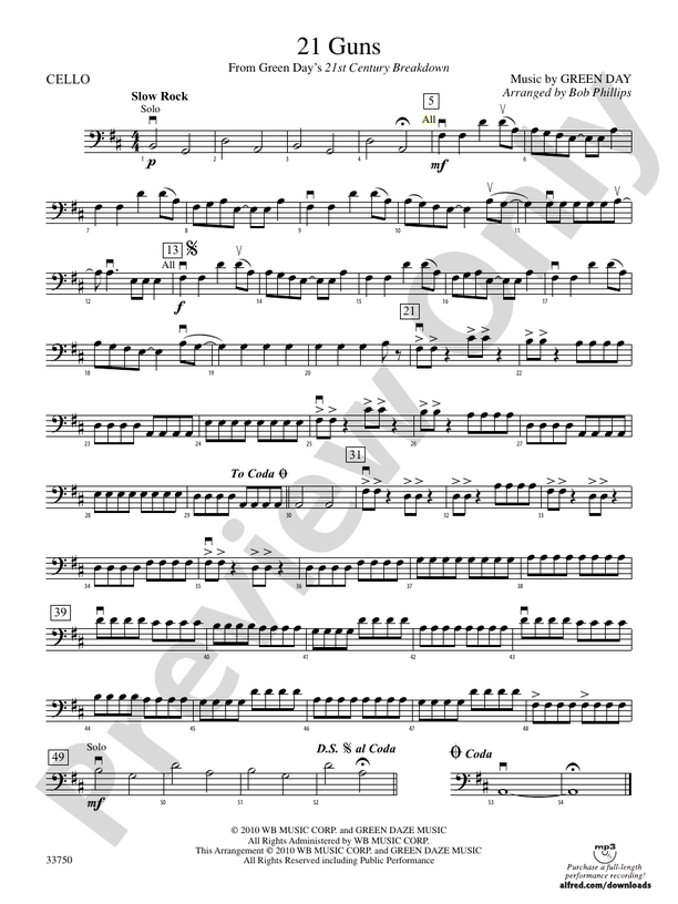 21 Guns: Cello: Cello Part - Digital Sheet Music Download