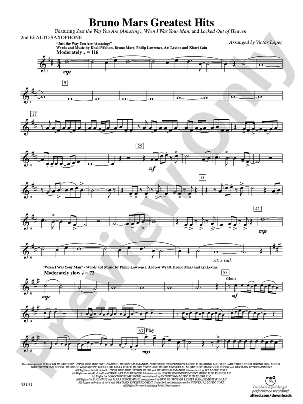 Bruno Mars Greatest Hits 2nd Eflat Alto Saxophone 2nd Eflat Alto