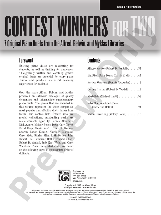 Contest Winners for Two, Book 4: 7 Original Piano Duets from the Alfred, Belwin, and Myklas Libraries