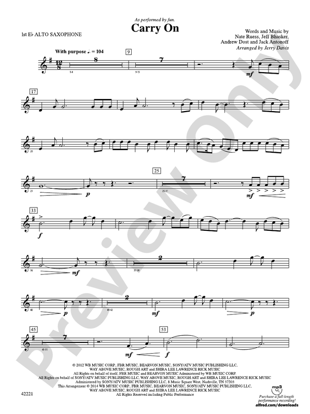 Carry On Eflat Alto Saxophone Eflat Alto Saxophone Part Digital