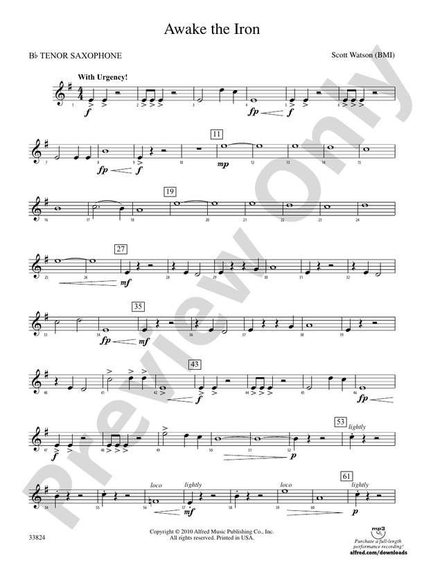 Awake the Iron Bflat Tenor Saxophone Bflat Tenor Saxophone Part