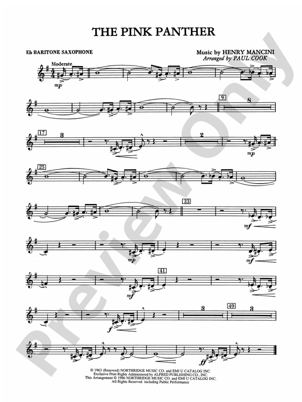 The Pink Panther Eflat Baritone Saxophone Eflat Baritone Saxophone Part Digital Sheet