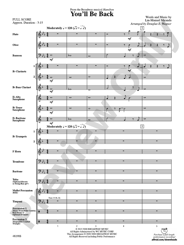 Youll be back pyb 2 concert band conductor score parts lin manuel
