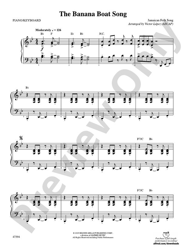 The Banana Boat Song Piano Piano Part Digital Sheet Music Download