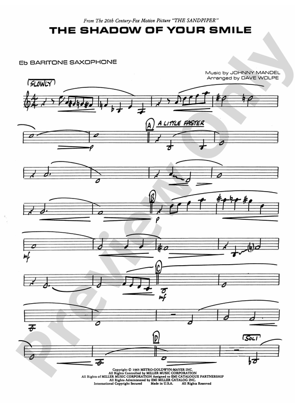 The Shadow of Your Smile (from The Sandpiper): E-flat Baritone Saxophone:  E-flat Baritone Saxophone Part - Digital Sheet Music Download
