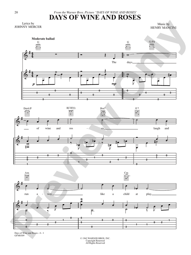 The Days Of Wine And Roses Guitar Henry Mancini Digital Sheet Music Download