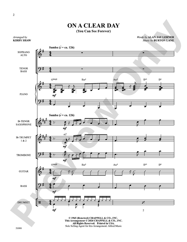 On a Clear Day: Score: Choir Score - Digital Sheet Music Download