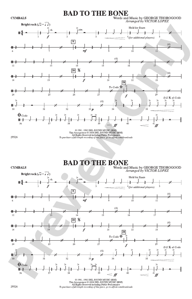 Bad To The Bone Cymbals Cymbals Part Digital Sheet Music Download 8888