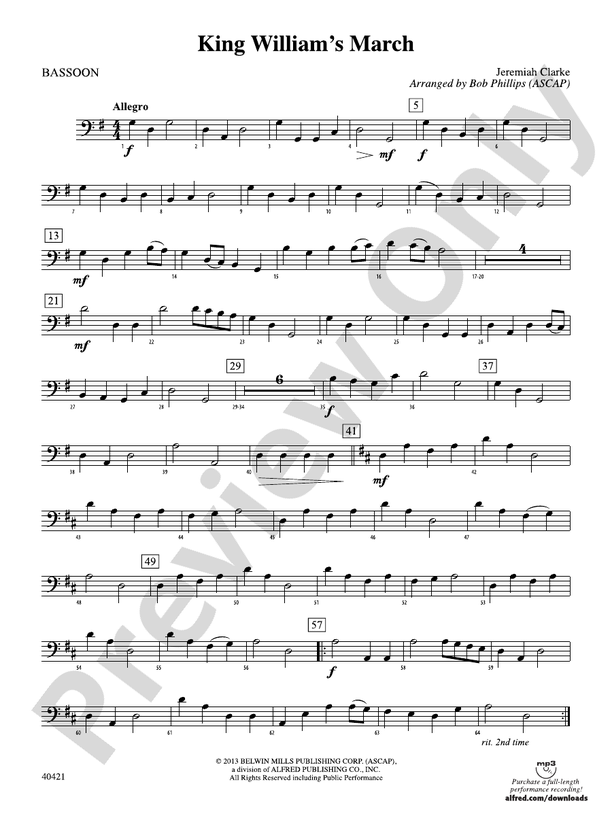 King William's March Bassoon Bassoon Part Digital Sheet Music Download