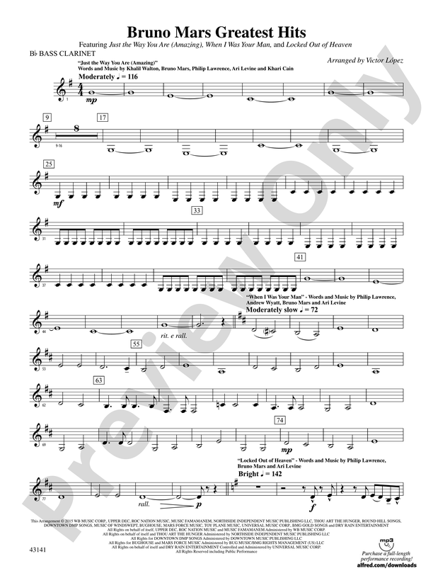 Bruno Mars Greatest Hits B Flat Bass Clarinet B Flat Bass Clarinet Part Digital Sheet Music