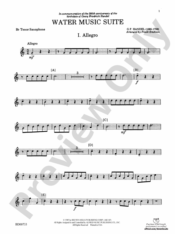 Water Music Suite: B-flat Tenor Saxophone: B-flat Tenor Saxophone Part ...