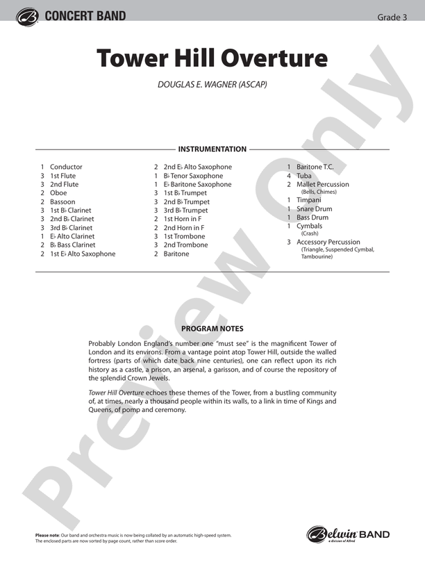 Tower Hill Overture Concert Band Conductor Score & Parts Douglas E