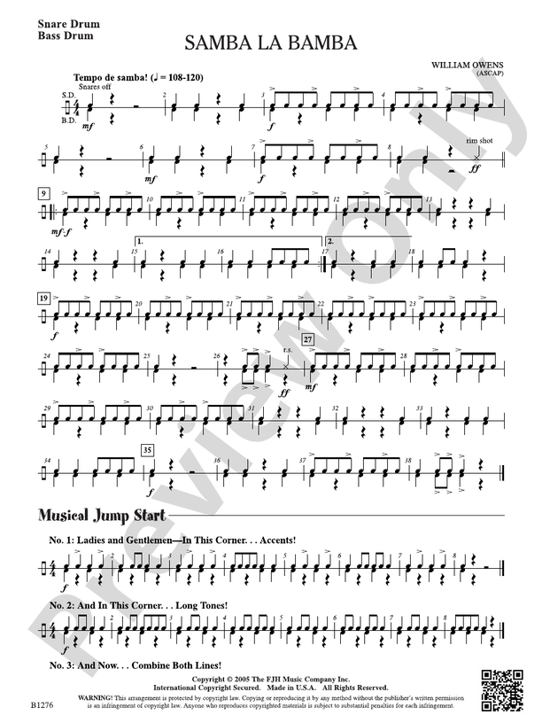Samba Instruments Snare Samba La Bamba: Snare Drum: Snare Drum Part: William Owens - Digital ...