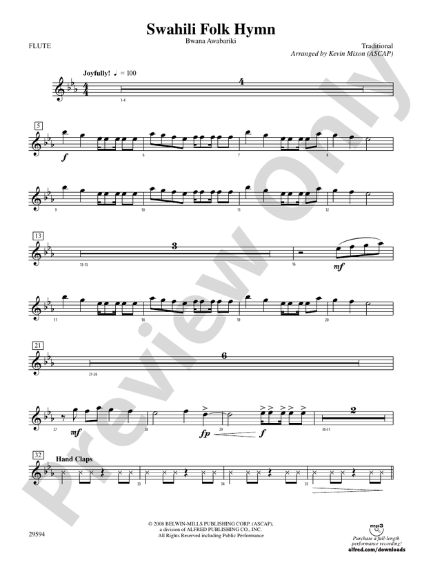 Swahili Folk Song (Bwana Awabariki) Flute Part Digital Sheet Music