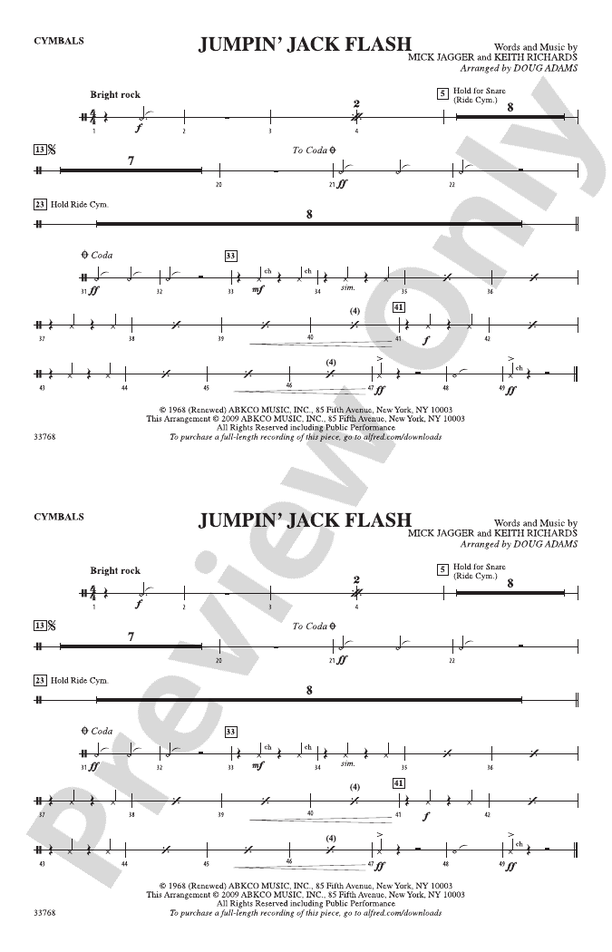 Jumpin' Jack Flash Cymbals Cymbals Part Digital Sheet Music Download