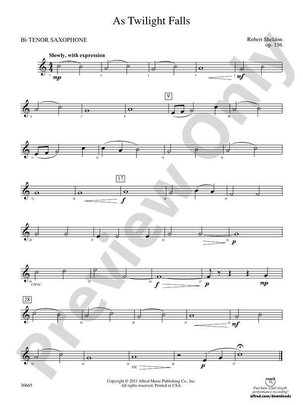 As Twilight Falls Bflat Tenor Saxophone Bflat Tenor Saxophone Part