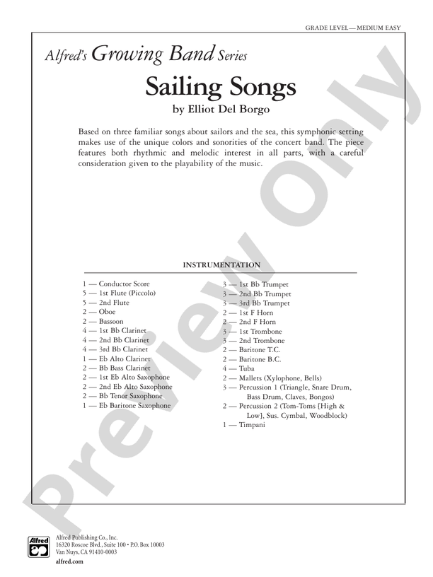 Sailing Songs Concert Band Conductor Score & Parts Elliot Del