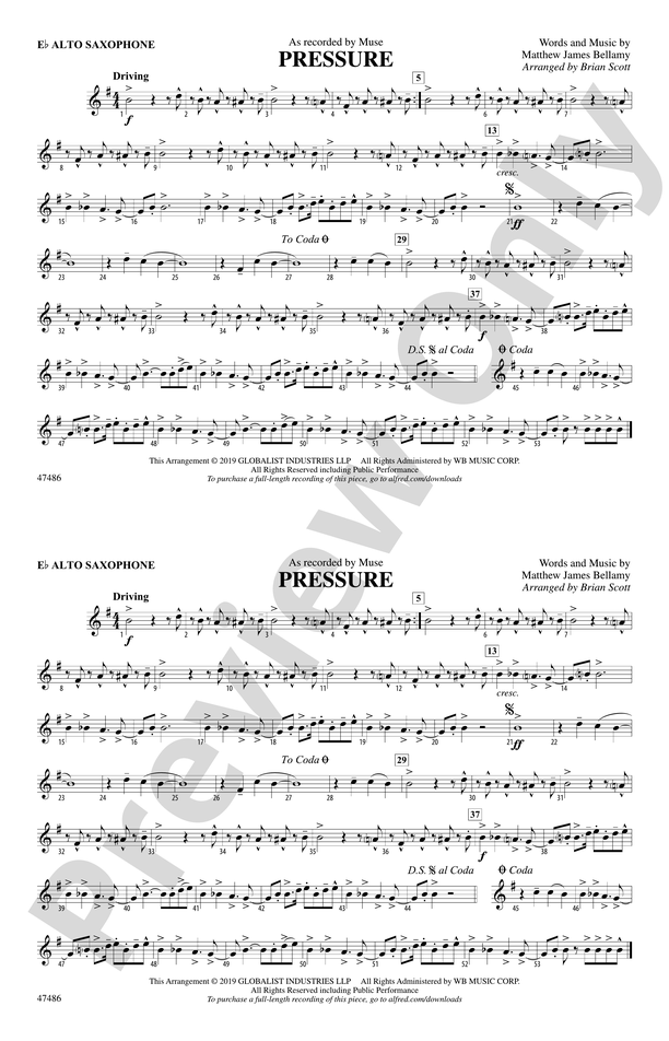 Pressure E Flat Alto Saxophone E Flat Alto Saxophone Part Digital Sheet Music Download 