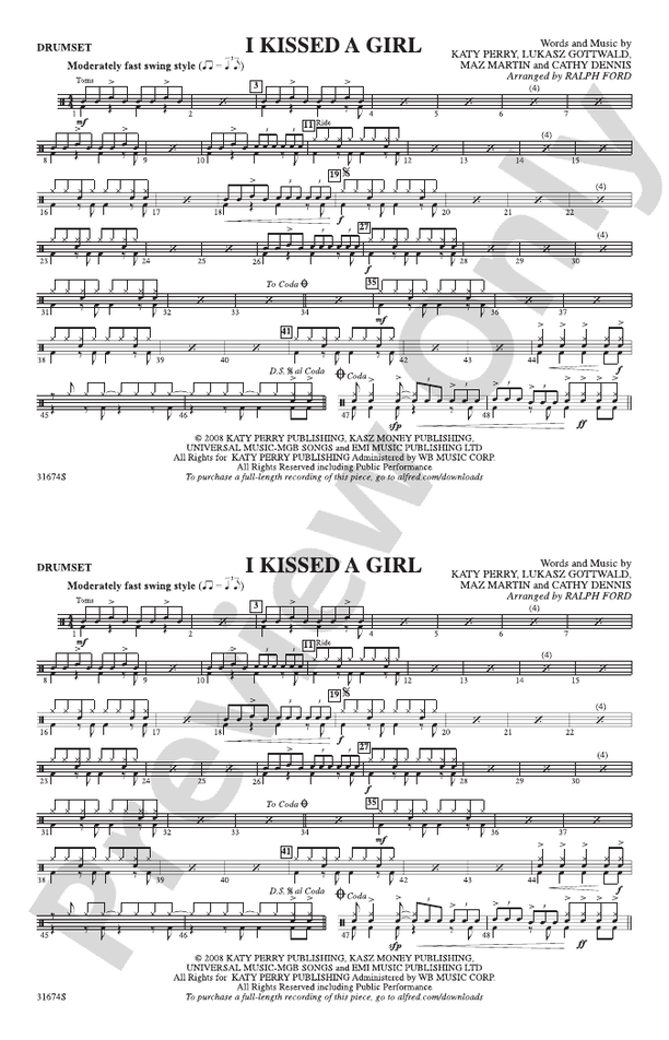 I Kissed a Girl Drumset Drumset Part Digital Sheet Music Download