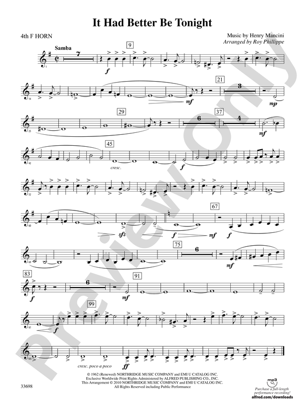 It Had Better Tonight (from The Pink Panther): 4th F Horn: 4th Horn Part - Digital Sheet Music Download