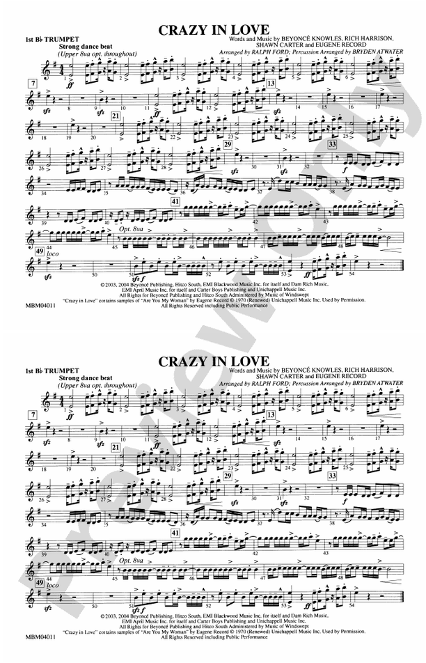 Crazy In Love: 1st B-flat Trumpet: 1st B-flat Trumpet Part - Digital Sheet  Music Download