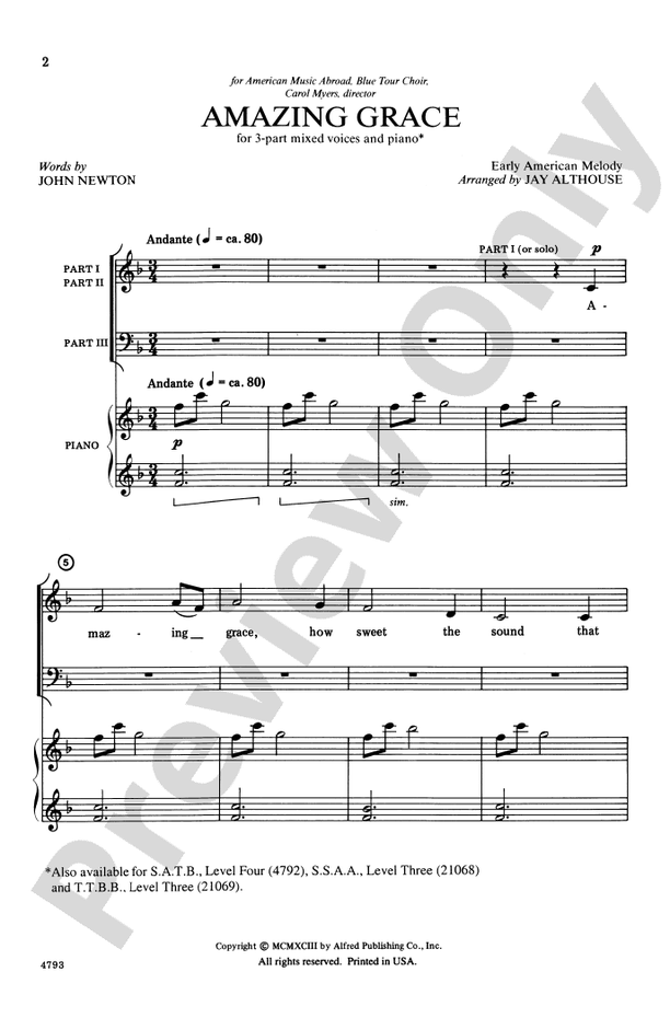 Amazing Grace: 3-Part Mixed Choral Octavo - Digital Sheet Music Download