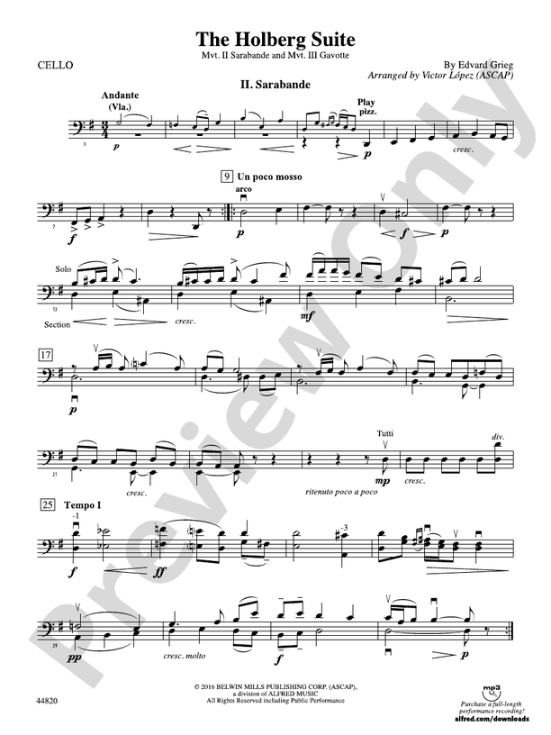 The Holberg Suite: Cello: Cello Part - Digital Sheet Music Download