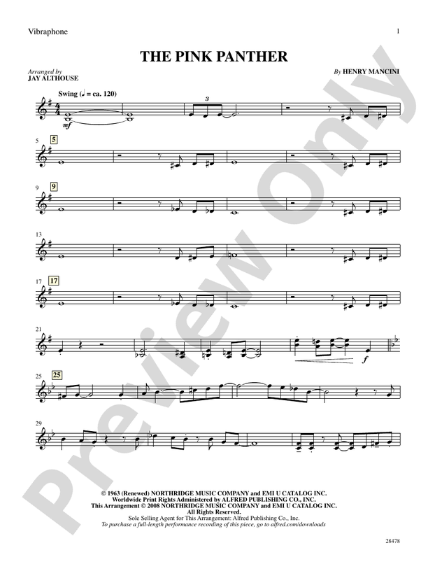 The Pink Panther: Vibraphone: Vibraphone Part - Digital Sheet Music ...