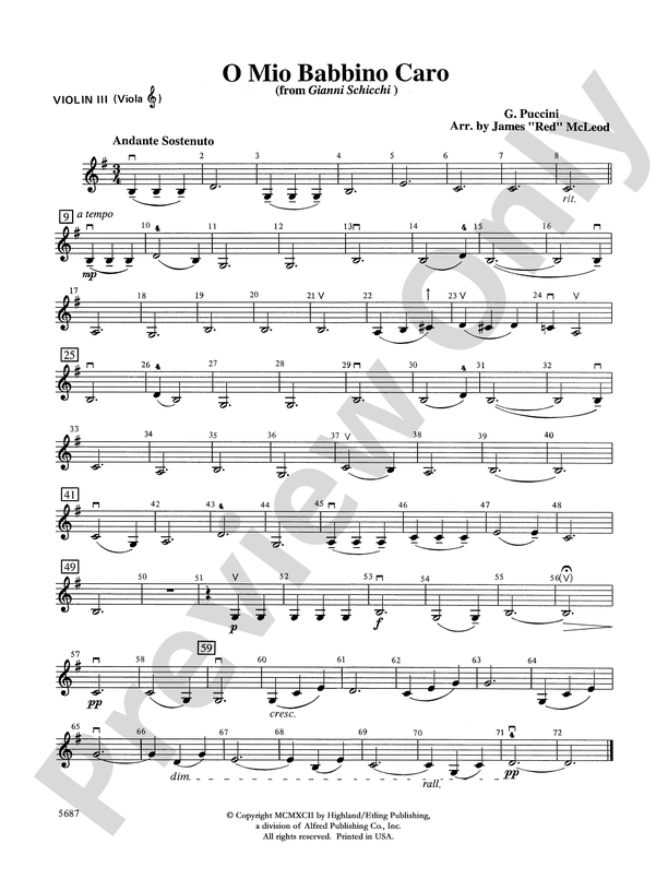 O Mio Babbino Caro from Schicchi," theme from film A Room with a View: 3rd Violin (Viola [TC]): 3rd Violin (Viola [TC]) - Sheet Music Download