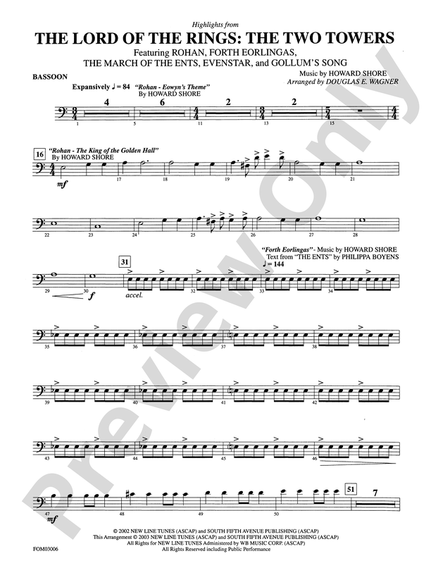 The Lord Of The Rings The Two Towers Highlights From Bassoon Bassoon Part Digital Sheet 