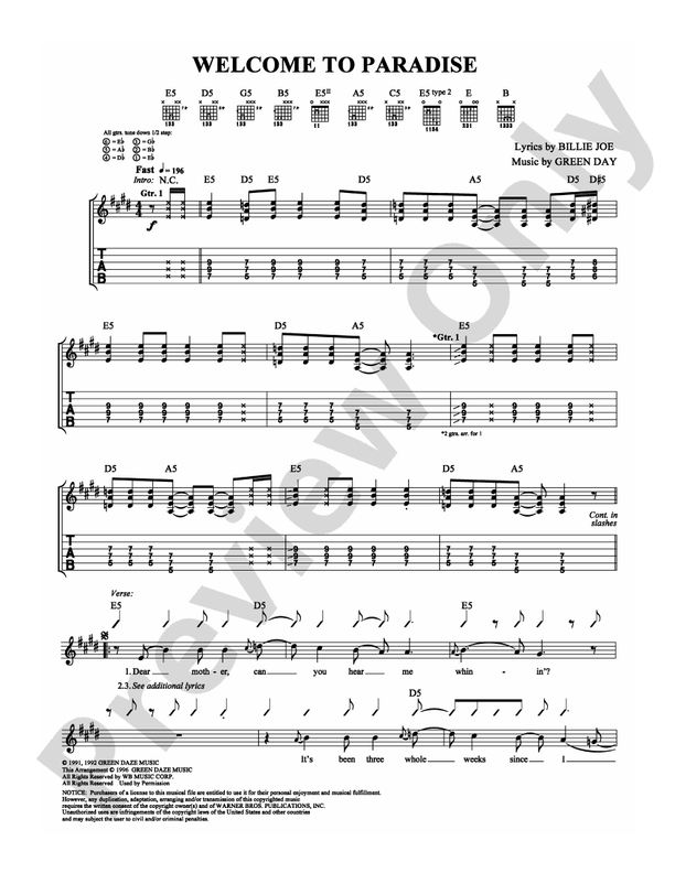 to Paradise Guitar TAB Green Day Digital Sheet Music Download