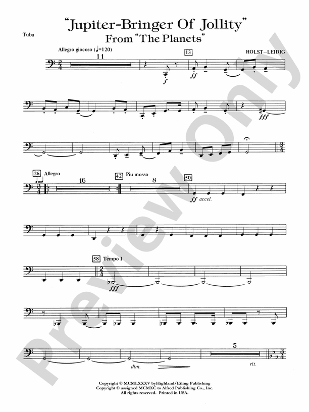 Jupiter (Bringer of Jollity) Tuba Tuba Part Digital Sheet Music