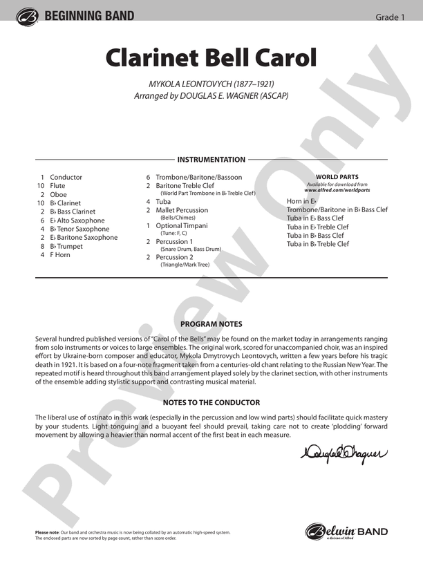 Bell Carol Concert Band Conductor Score & Parts Mykola