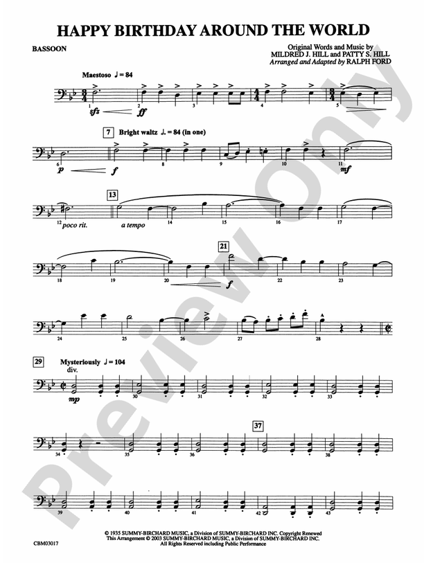 Happy Birthday Around the World Bassoon Bassoon Part Digital Sheet Music Download