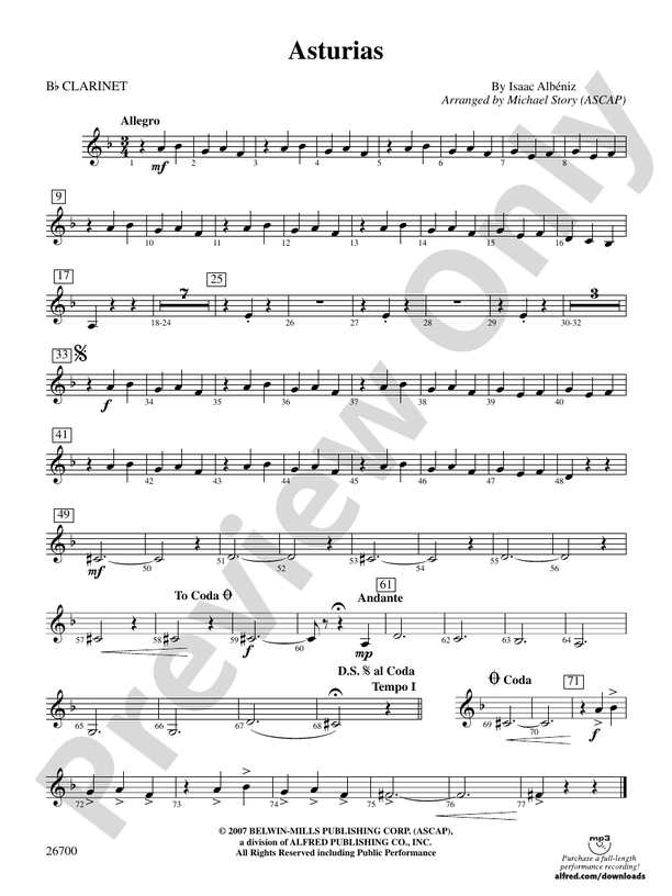 Asturias: 1st B-flat Clarinet: 1st B-flat Clarinet Part - Digital Sheet ...