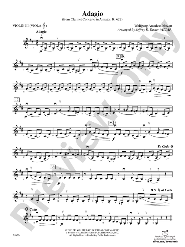 Adagio (from Clarinet Concerto in A Major, K. 622): 3rd Violin (Viola [TC])