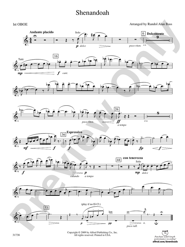 Shenandoah Oboe Oboe Part Digital Sheet Music Download