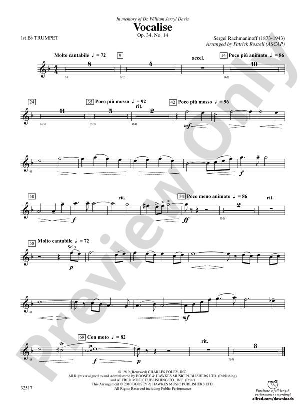 Vocalise, Op. 34, No. 14: 1st B-flat Trumpet: 1st B-flat Trumpet Part ...