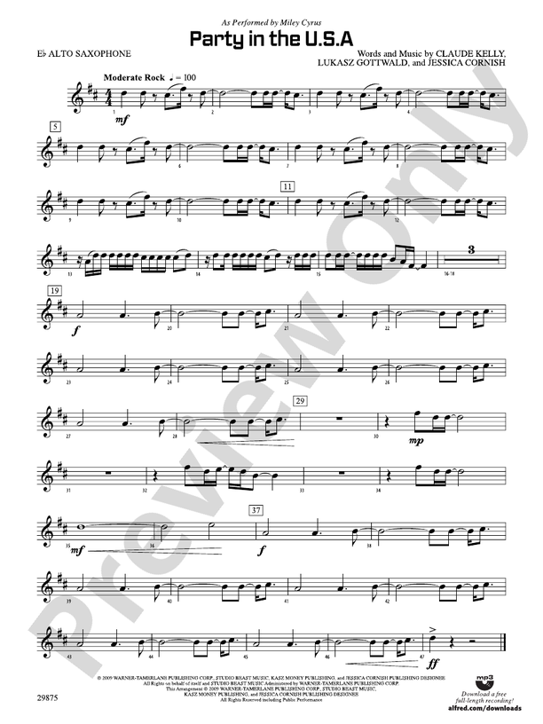 Party In The Usa E Flat Alto Saxophone E Flat Alto Saxophone Part Digital Sheet Music 