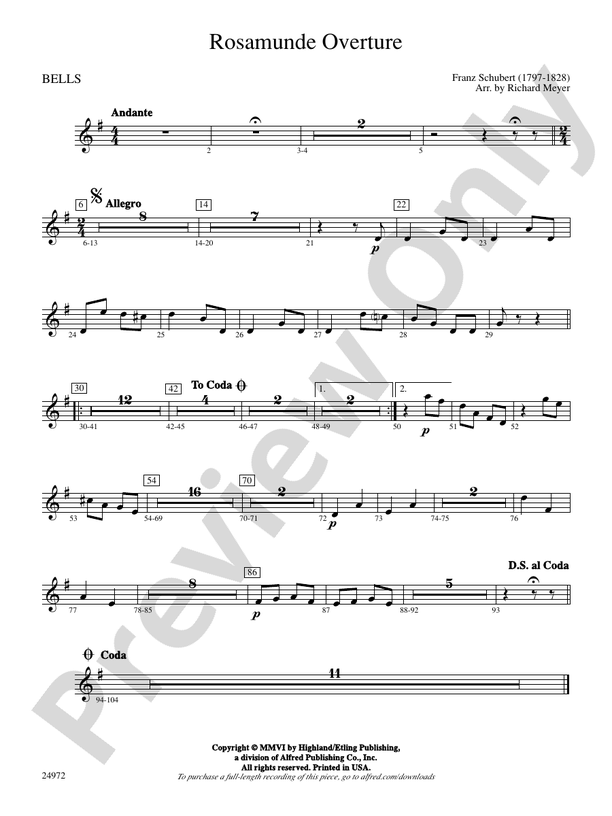 Rosamunde Overture Bells Bells Part Digital Sheet Music Download