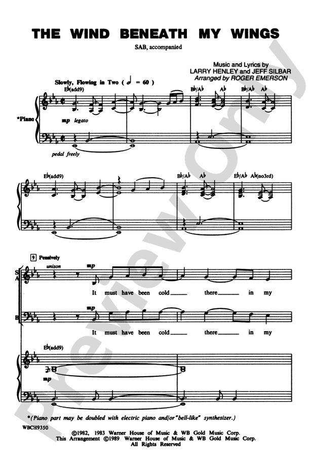The Wind Beneath My Wings SAB Choral Octavo Larry Henley Digital